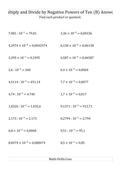 The Multiplying and Dividing Decimals by Negative Powers of Ten (Exponent Form) (B) Math Worksheet Page 2