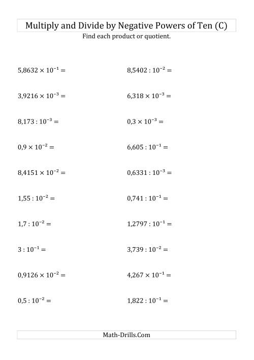 The Multiplying and Dividing Decimals by Negative Powers of Ten (Exponent Form) (C) Math Worksheet