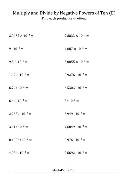 The Multiplying and Dividing Decimals by Negative Powers of Ten (Exponent Form) (E) Math Worksheet