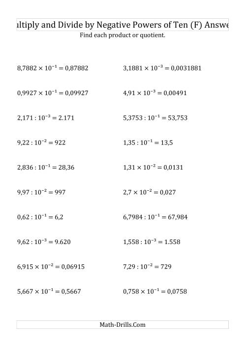 The Multiplying and Dividing Decimals by Negative Powers of Ten (Exponent Form) (F) Math Worksheet Page 2