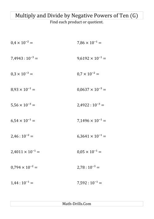 The Multiplying and Dividing Decimals by Negative Powers of Ten (Exponent Form) (G) Math Worksheet