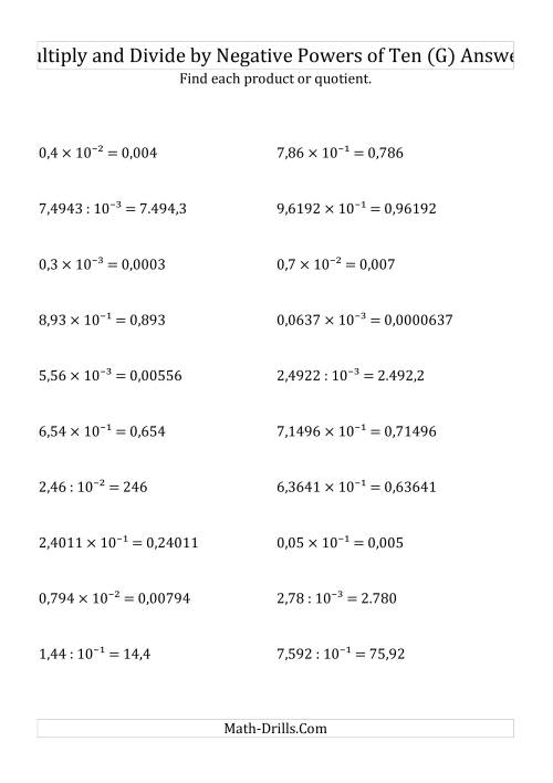 The Multiplying and Dividing Decimals by Negative Powers of Ten (Exponent Form) (G) Math Worksheet Page 2