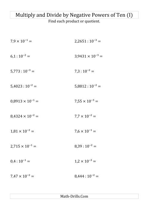 The Multiplying and Dividing Decimals by Negative Powers of Ten (Exponent Form) (I) Math Worksheet