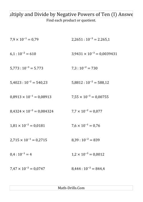 The Multiplying and Dividing Decimals by Negative Powers of Ten (Exponent Form) (I) Math Worksheet Page 2