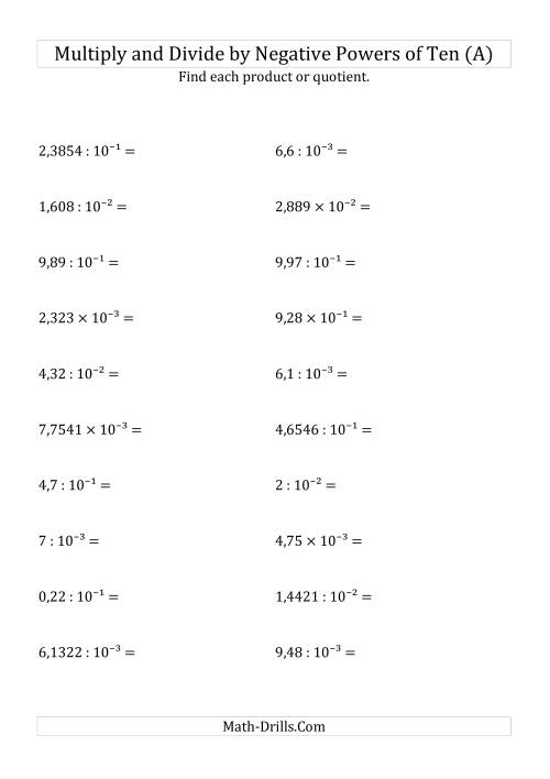 The Multiplying and Dividing Decimals by Negative Powers of Ten (Exponent Form) (All) Math Worksheet