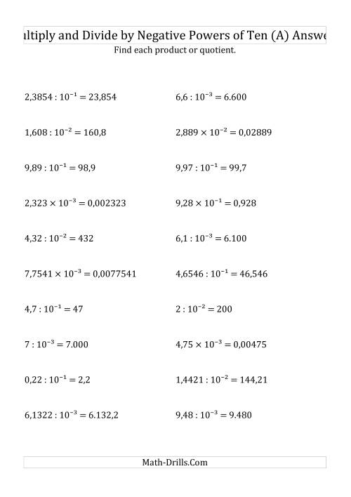 The Multiplying and Dividing Decimals by Negative Powers of Ten (Exponent Form) (All) Math Worksheet Page 2