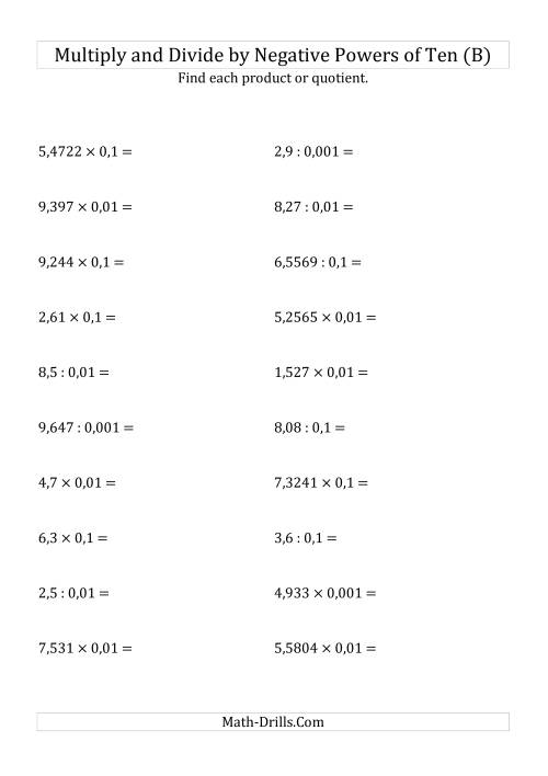 The Multiplying and Dividing Decimals by Negative Powers of Ten (Standard Form) (B) Math Worksheet