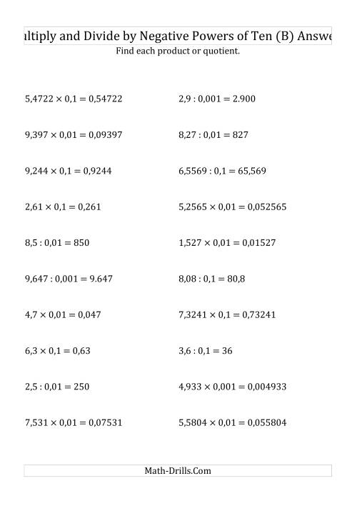 The Multiplying and Dividing Decimals by Negative Powers of Ten (Standard Form) (B) Math Worksheet Page 2
