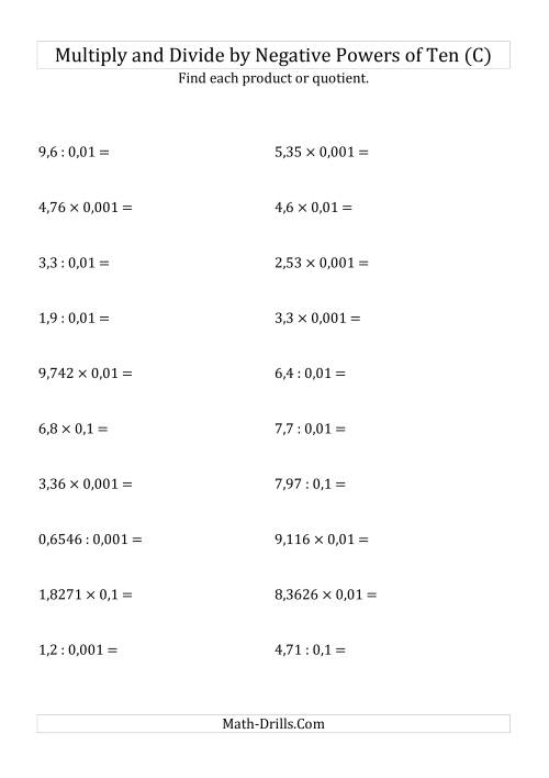 The Multiplying and Dividing Decimals by Negative Powers of Ten (Standard Form) (C) Math Worksheet