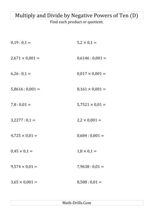 The Multiplying and Dividing Decimals by Negative Powers of Ten (Standard Form) (D) Math Worksheet