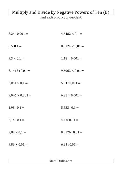 The Multiplying and Dividing Decimals by Negative Powers of Ten (Standard Form) (E) Math Worksheet