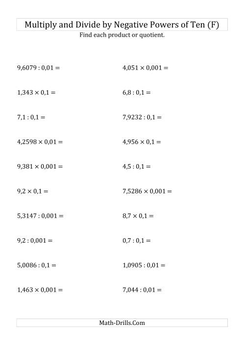 The Multiplying and Dividing Decimals by Negative Powers of Ten (Standard Form) (F) Math Worksheet