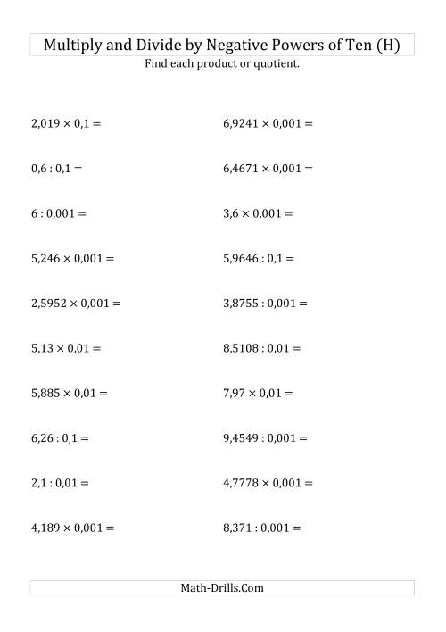 The Multiplying and Dividing Decimals by Negative Powers of Ten (Standard Form) (H) Math Worksheet