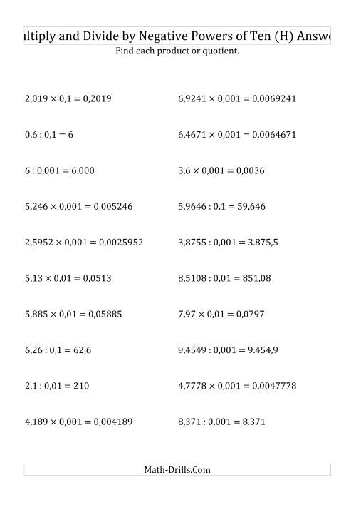 The Multiplying and Dividing Decimals by Negative Powers of Ten (Standard Form) (H) Math Worksheet Page 2