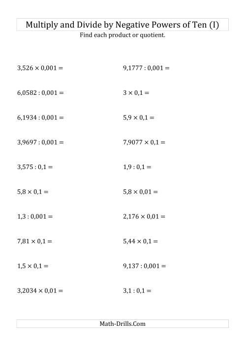 The Multiplying and Dividing Decimals by Negative Powers of Ten (Standard Form) (I) Math Worksheet