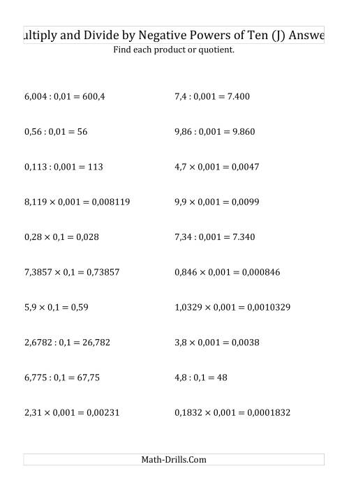 The Multiplying and Dividing Decimals by Negative Powers of Ten (Standard Form) (J) Math Worksheet Page 2