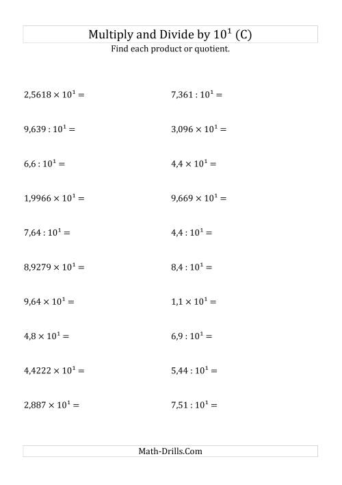 The Multiplying and Dividing Decimals by 10<sup>1</sup> (C) Math Worksheet