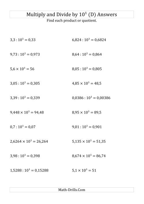 The Multiplying and Dividing Decimals by 10<sup>1</sup> (D) Math Worksheet Page 2