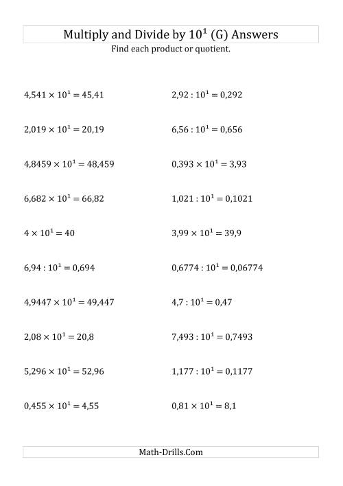 The Multiplying and Dividing Decimals by 10<sup>1</sup> (G) Math Worksheet Page 2