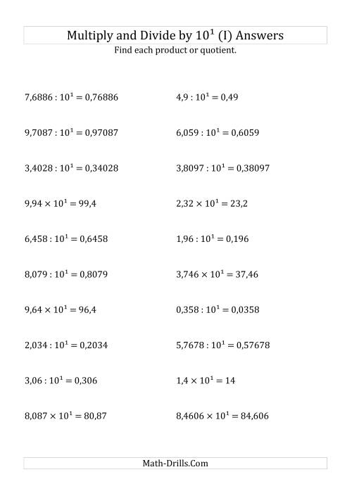The Multiplying and Dividing Decimals by 10<sup>1</sup> (I) Math Worksheet Page 2