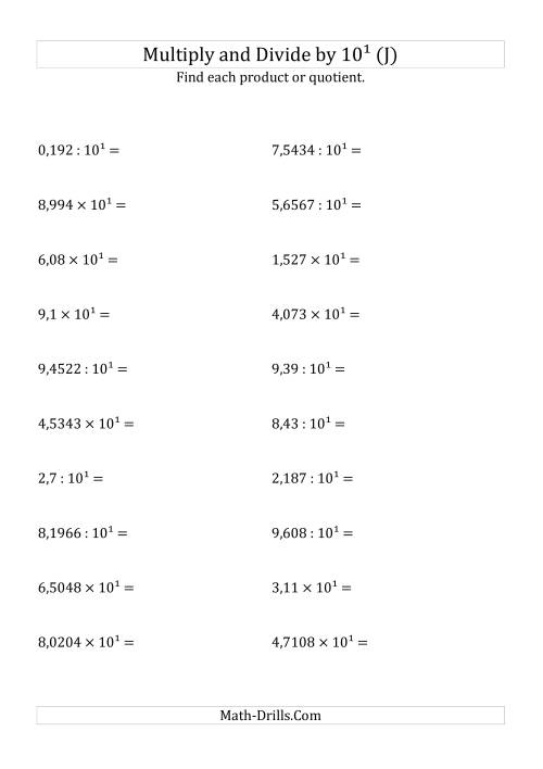 The Multiplying and Dividing Decimals by 10<sup>1</sup> (J) Math Worksheet