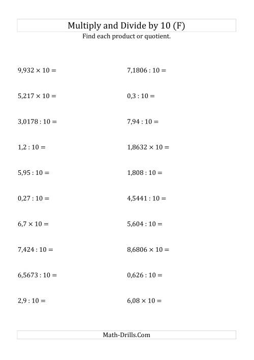 The Multiplying and Dividing Decimals by 10 (F) Math Worksheet