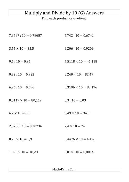The Multiplying and Dividing Decimals by 10 (G) Math Worksheet Page 2