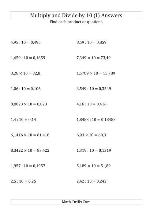 The Multiplying and Dividing Decimals by 10 (I) Math Worksheet Page 2