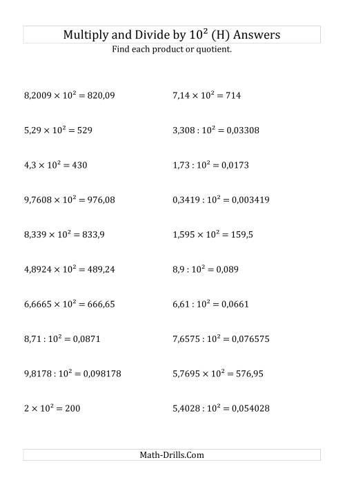 The Multiplying and Dividing Decimals by 10<sup>2</sup> (H) Math Worksheet Page 2