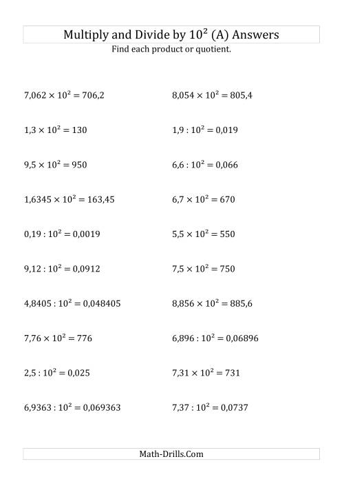 The Multiplying and Dividing Decimals by 10<sup>2</sup> (All) Math Worksheet Page 2