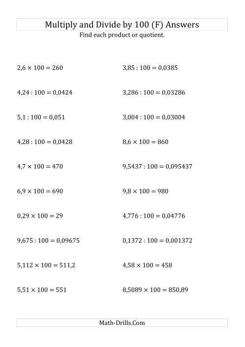 The Multiplying and Dividing Decimals by 100 (F) Math Worksheet Page 2