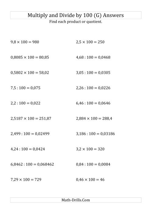 The Multiplying and Dividing Decimals by 100 (G) Math Worksheet Page 2