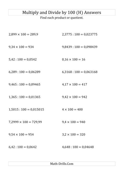 The Multiplying and Dividing Decimals by 100 (H) Math Worksheet Page 2