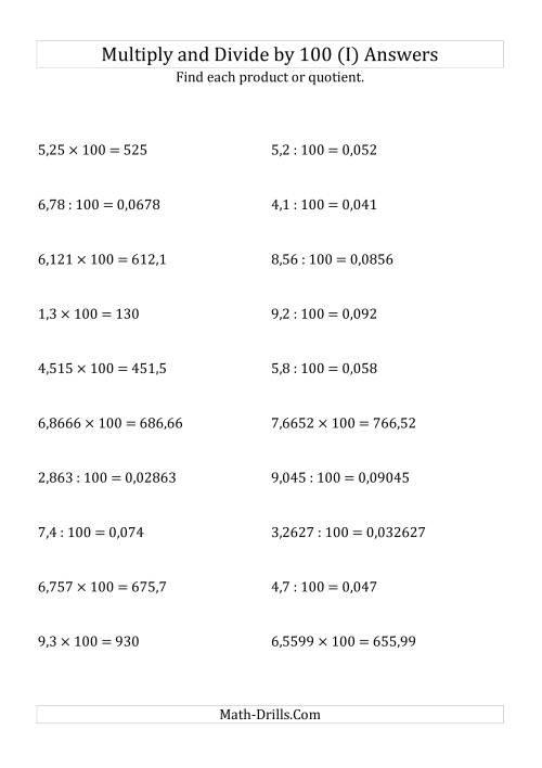 The Multiplying and Dividing Decimals by 100 (I) Math Worksheet Page 2