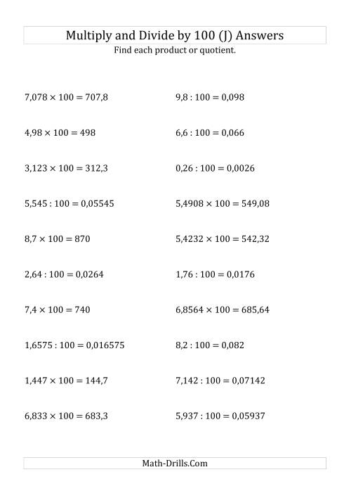 The Multiplying and Dividing Decimals by 100 (J) Math Worksheet Page 2