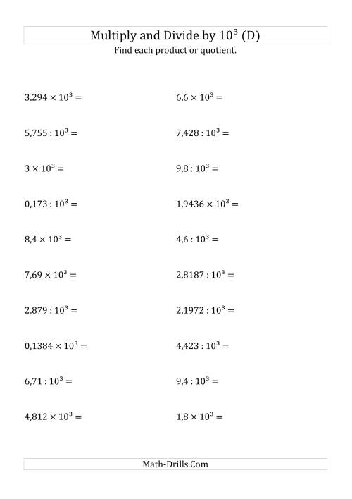 The Multiplying and Dividing Decimals by 10<sup>3</sup> (D) Math Worksheet