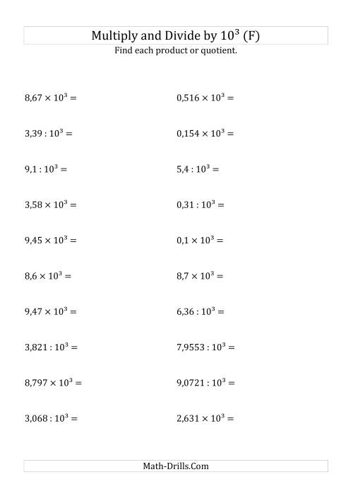The Multiplying and Dividing Decimals by 10<sup>3</sup> (F) Math Worksheet