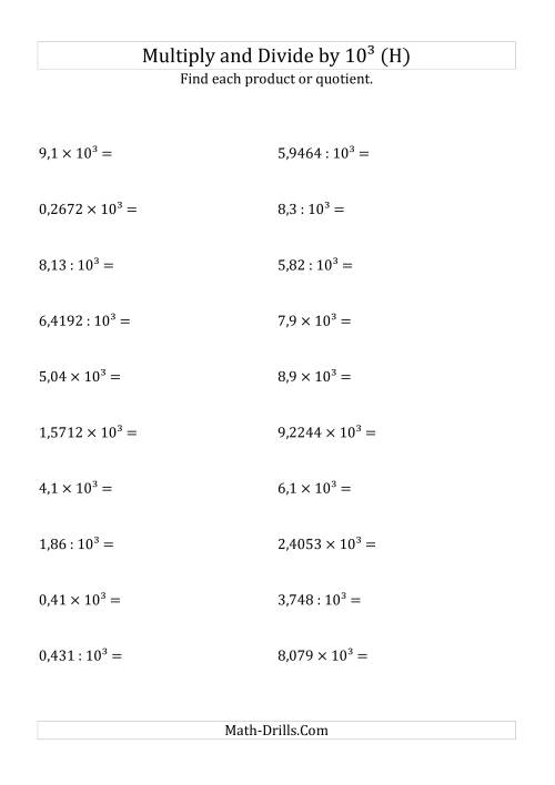 The Multiplying and Dividing Decimals by 10<sup>3</sup> (H) Math Worksheet