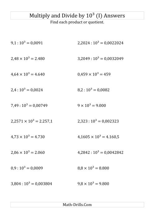 The Multiplying and Dividing Decimals by 10<sup>3</sup> (I) Math Worksheet Page 2