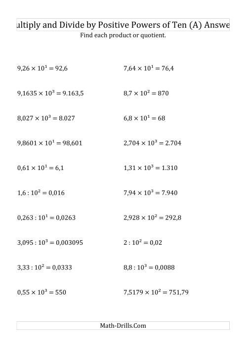 The Multiplying and Dividing Decimals by Positive Powers of Ten (Exponent Form) (A) Math Worksheet Page 2