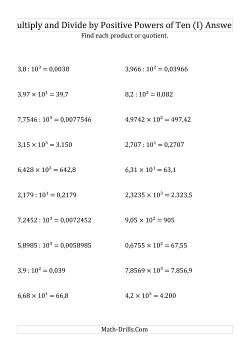 The Multiplying and Dividing Decimals by Positive Powers of Ten (Exponent Form) (I) Math Worksheet Page 2