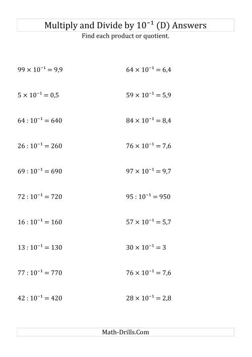 The Multiplying and Dividing Whole Numbers by 10<sup>-1</sup> (D) Math Worksheet Page 2