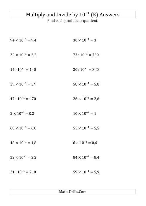 The Multiplying and Dividing Whole Numbers by 10<sup>-1</sup> (E) Math Worksheet Page 2