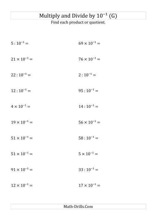 The Multiplying and Dividing Whole Numbers by 10<sup>-1</sup> (G) Math Worksheet