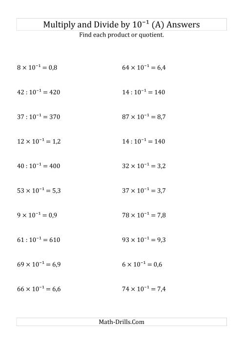 The Multiplying and Dividing Whole Numbers by 10<sup>-1</sup> (All) Math Worksheet Page 2