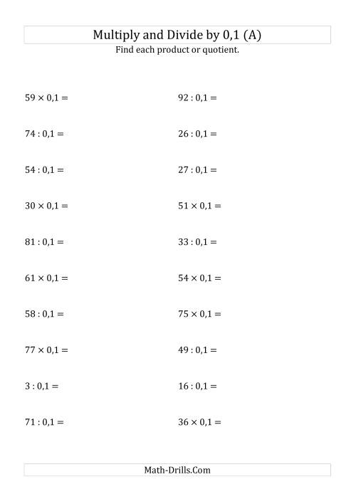 The Multiplying and Dividing Whole Numbers by 0,1 (A) Math Worksheet