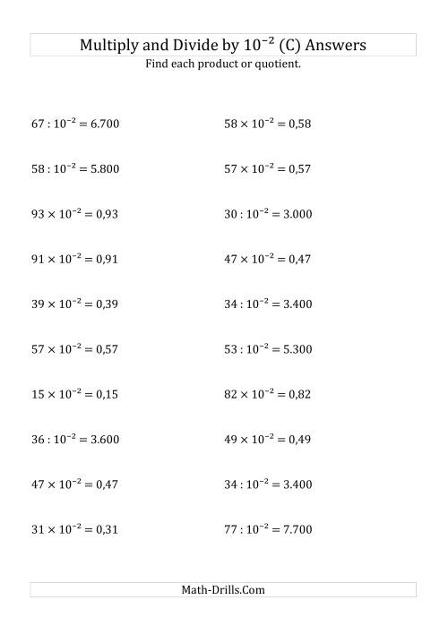 The Multiplying and Dividing Whole Numbers by 10<sup>-2</sup> (C) Math Worksheet Page 2