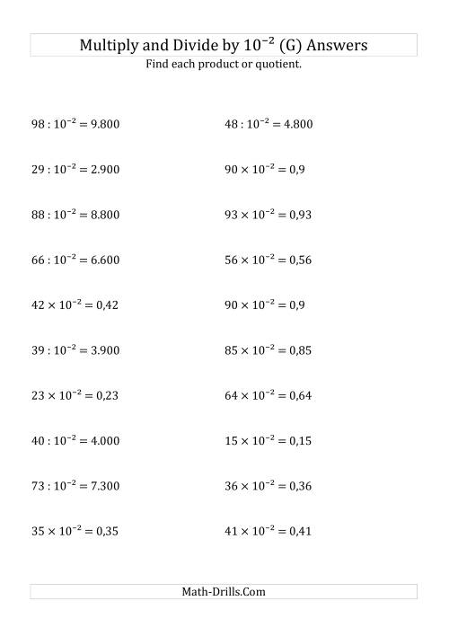 The Multiplying and Dividing Whole Numbers by 10<sup>-2</sup> (G) Math Worksheet Page 2