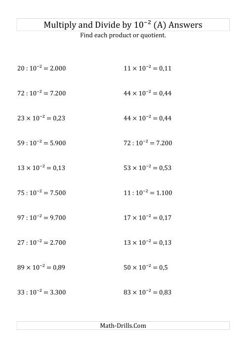 The Multiplying and Dividing Whole Numbers by 10<sup>-2</sup> (All) Math Worksheet Page 2