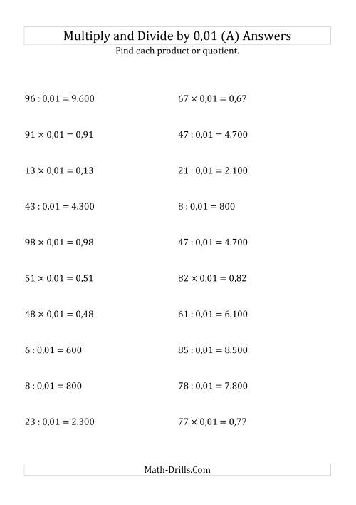 The Multiplying and Dividing Whole Numbers by 0,01 (A) Math Worksheet Page 2